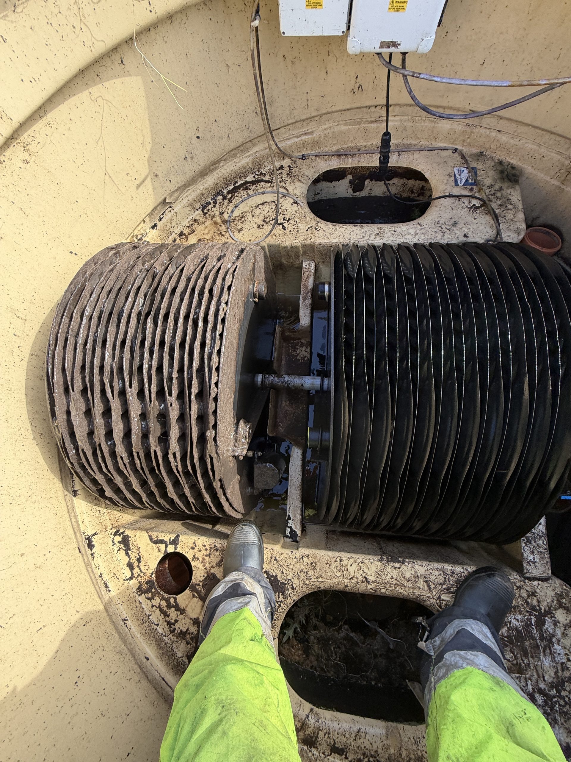 Inside Klargester BA-X BioDisc showing rotating disc pack and shaft assembly
