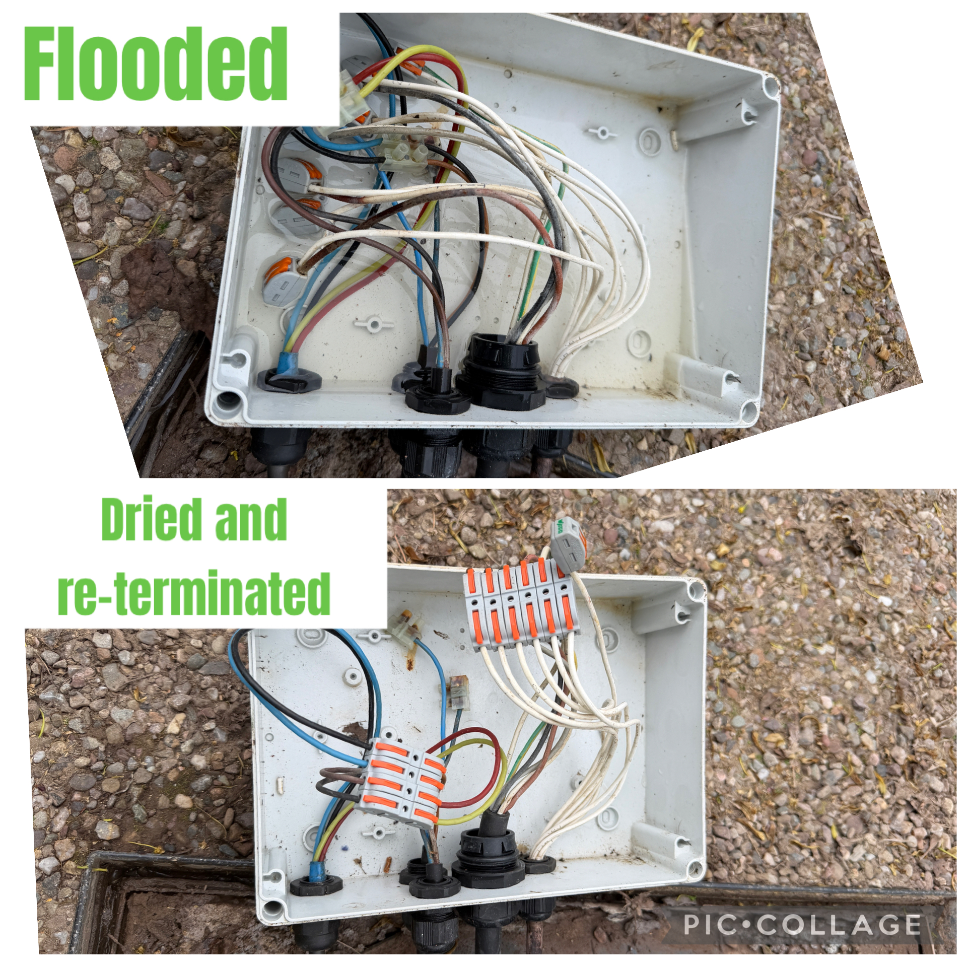 Flooded junction box before and after repair with new connections in Fowlis Dundee