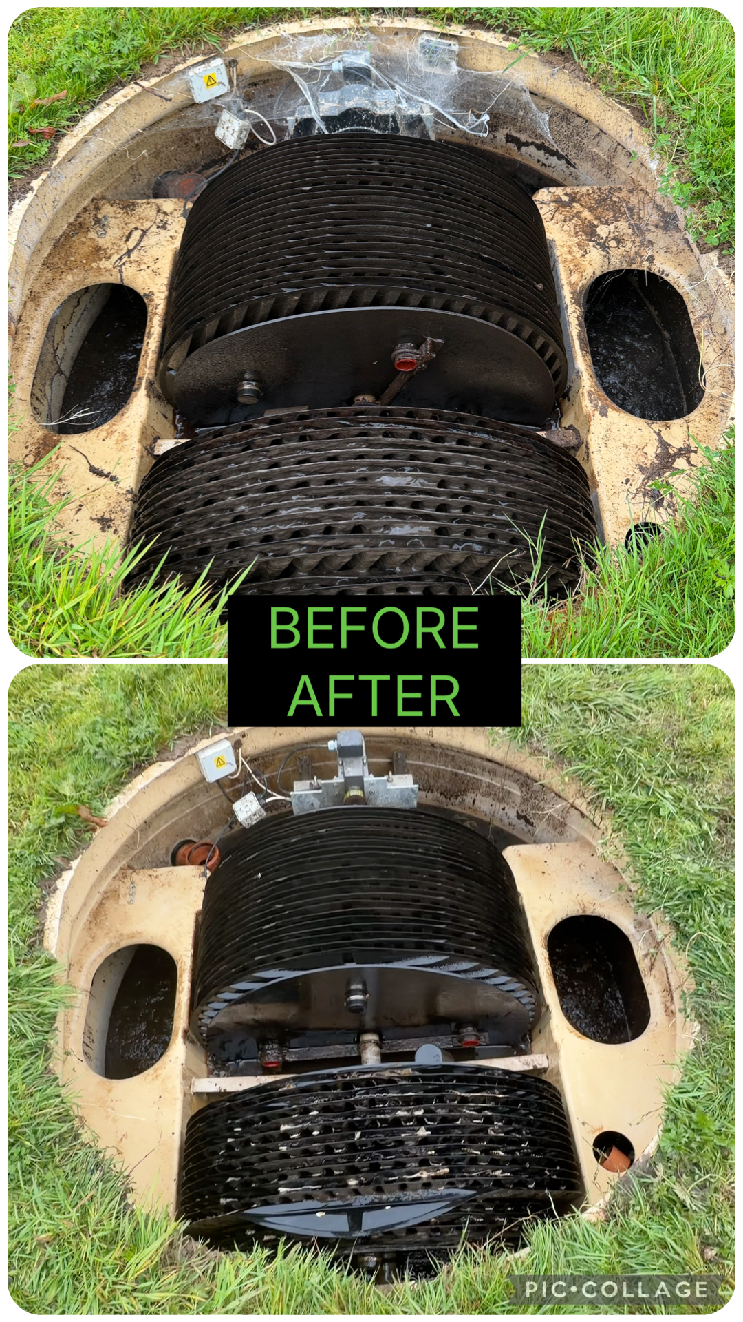 Klargester BA BioDisc sewage treatment plant before and after routine servicing and pressure washing in Strathaven