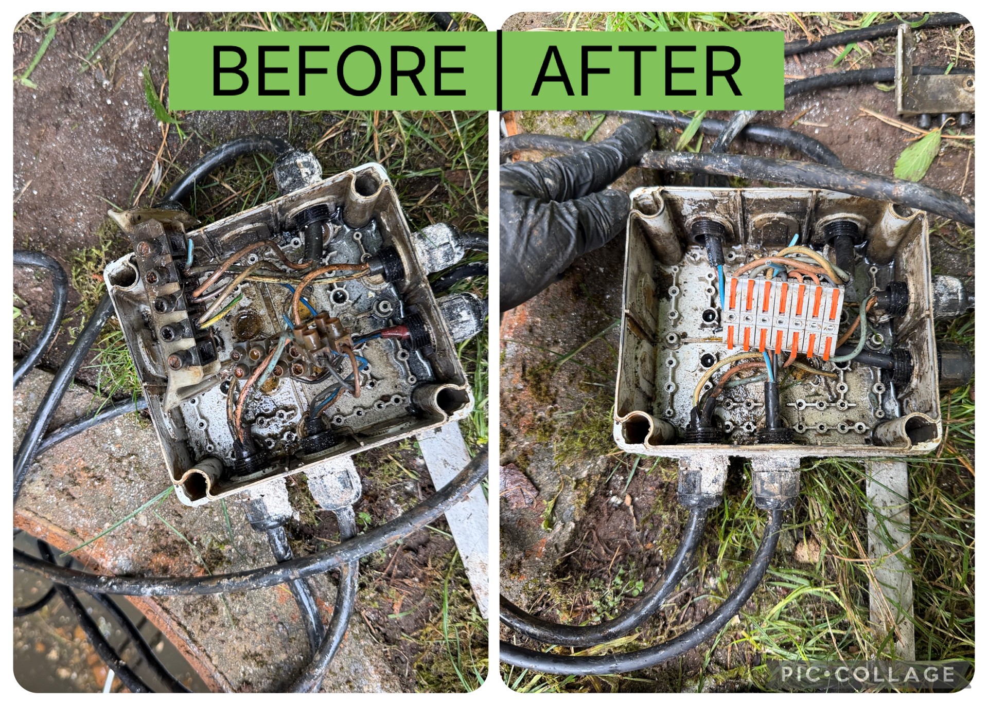 Flooded pump chamber junction box before and after repair in Rutherglen Glasgow