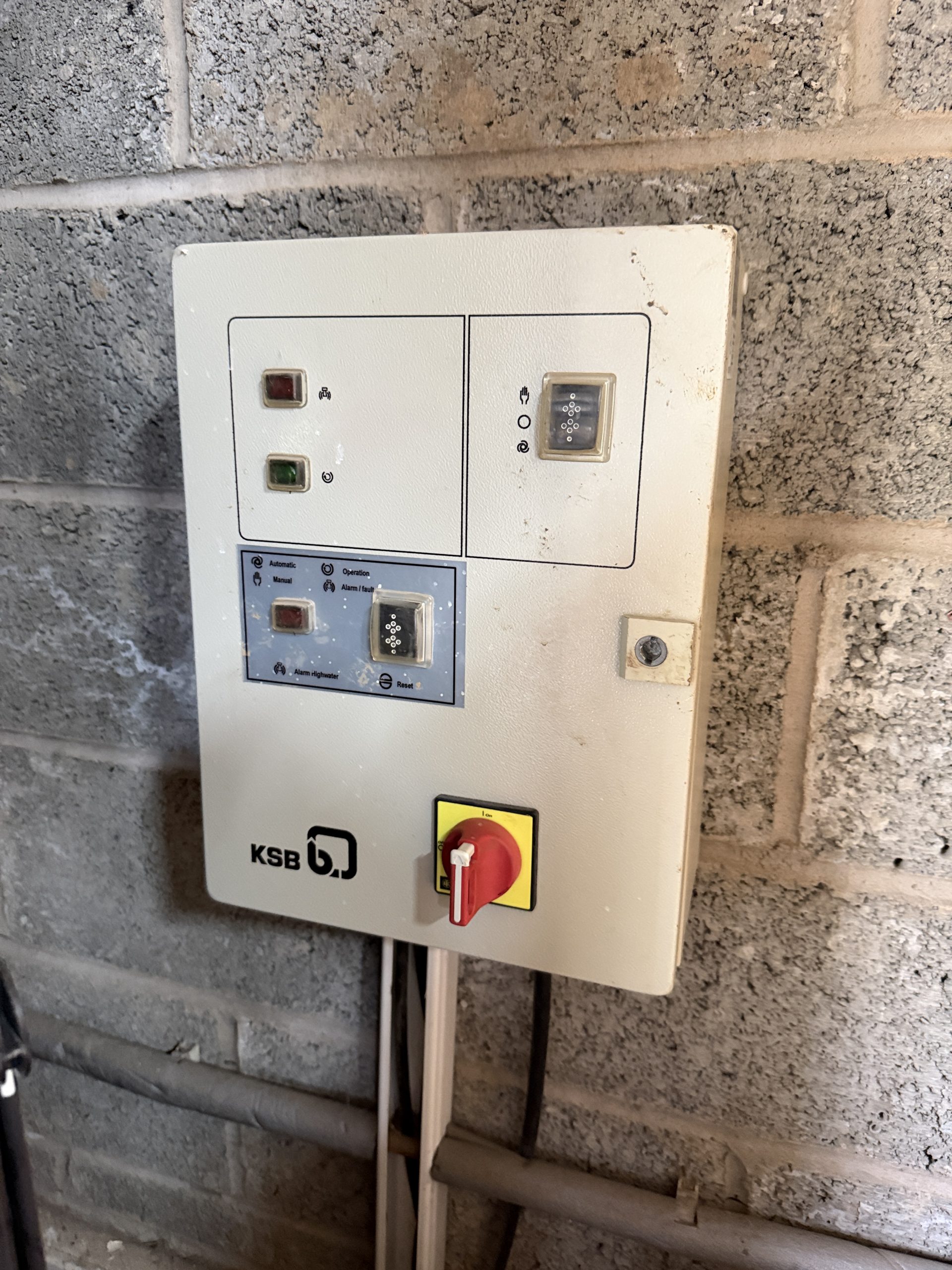 Old KSB sewage pump station control panel before replacement in Rutherglen Glasgow