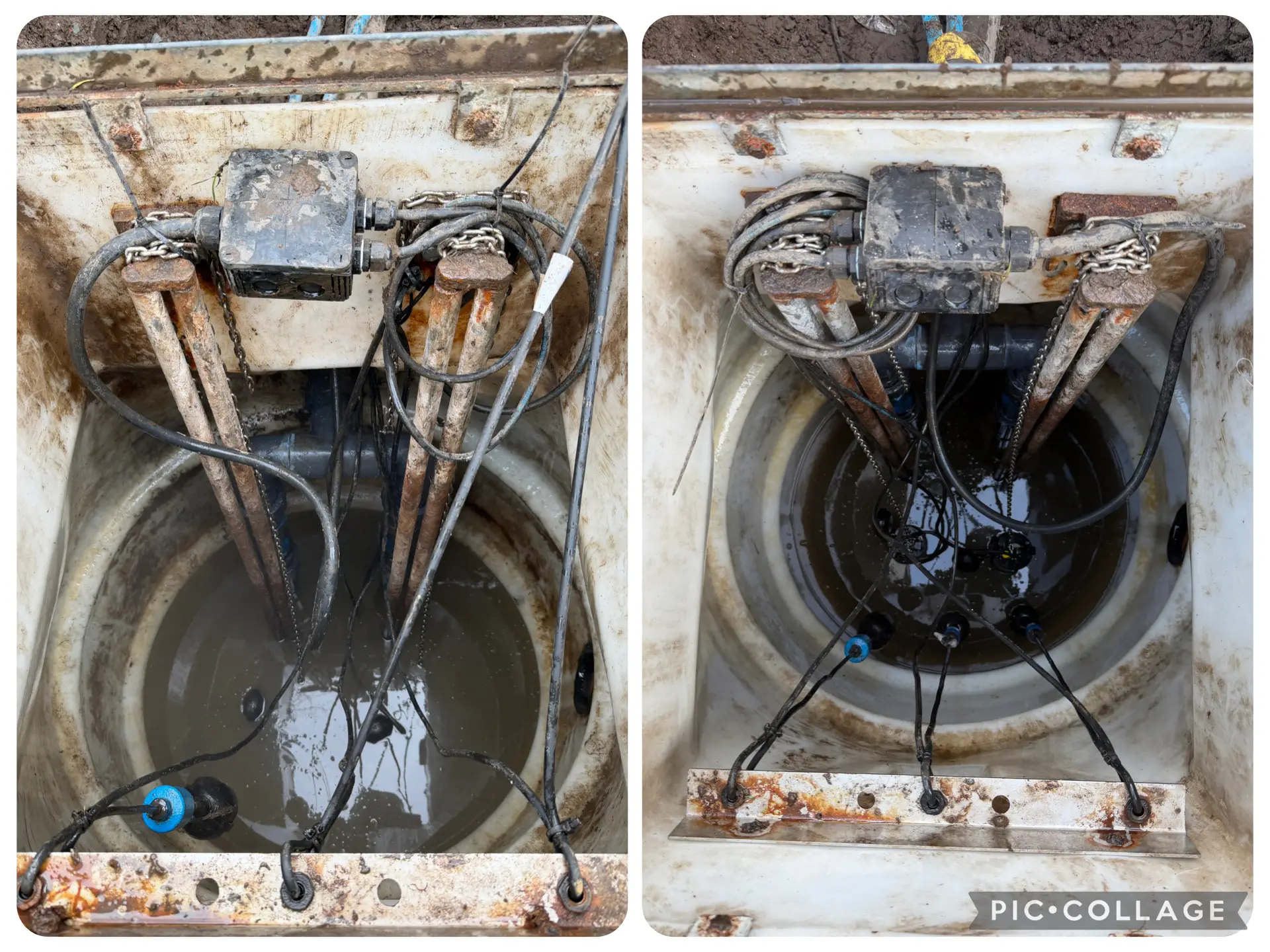 Before and after tank being pressure washed during pump chamber service in Kirkintilloch