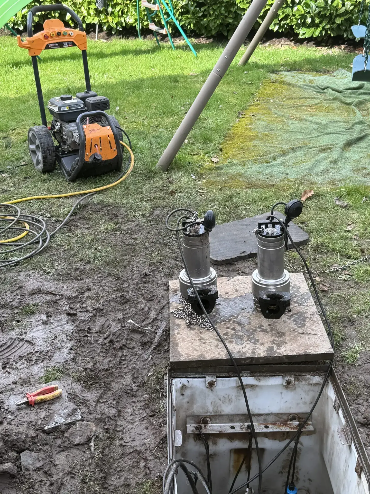 Removed Lowara pumps for inspection during pump chamber service in Kirkintilloch