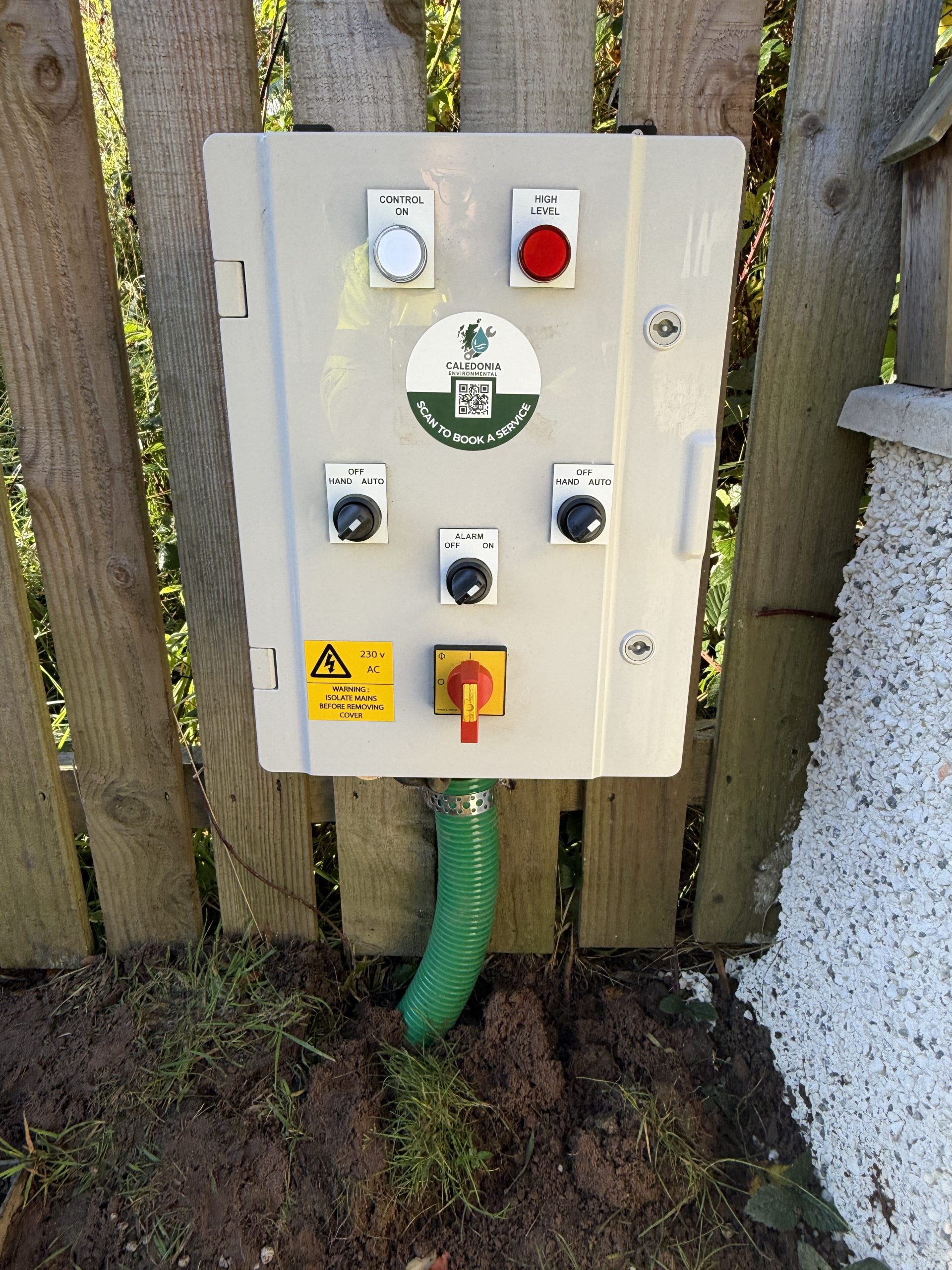 New externally mounted twin sewage pump control panel installed and commissioned by Caledonia Environmental