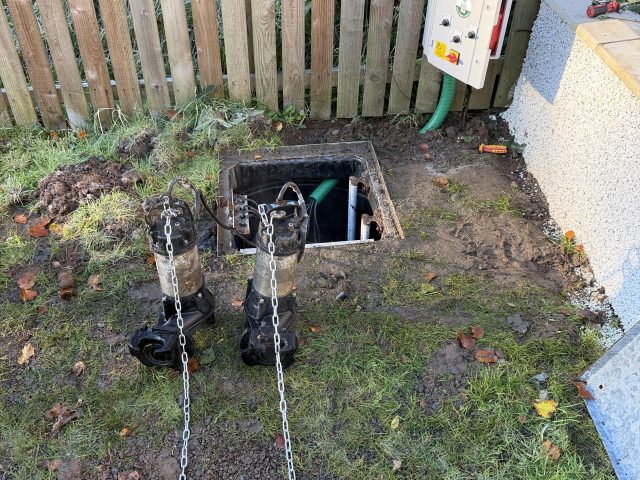 Twin sewage pump chamber repairs in Cumbernauld, Glasgow. New external control panel, lifting chains, pump repairs and full system commissioning.